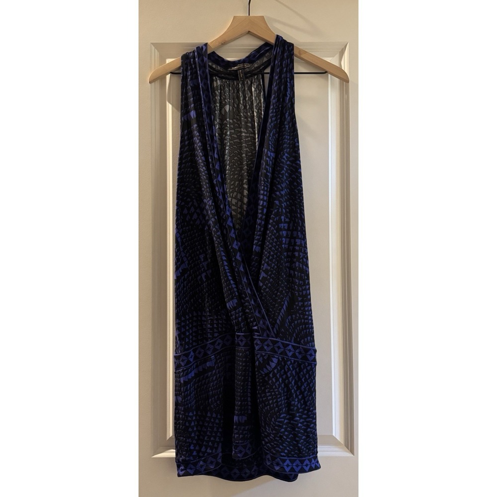 BCBG Max Azria Blue Black Geometric Print Sleeveless Surplice Dress M